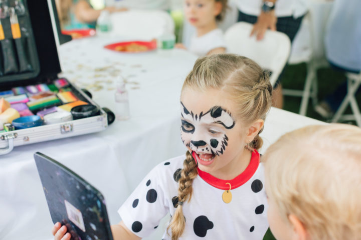 Eva Amurri Martino's daughter Marlowe who has a painted face like a Dalmatian at her 4th birthday party