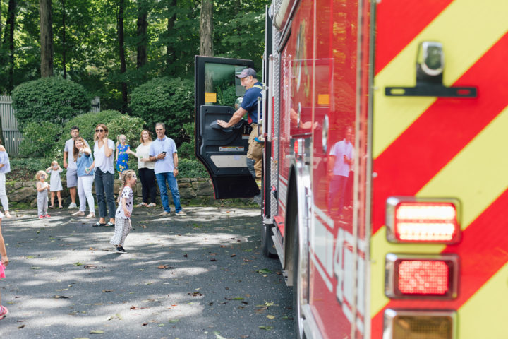 The fire truck arrives at Marlowe Martino's 4th birthday party