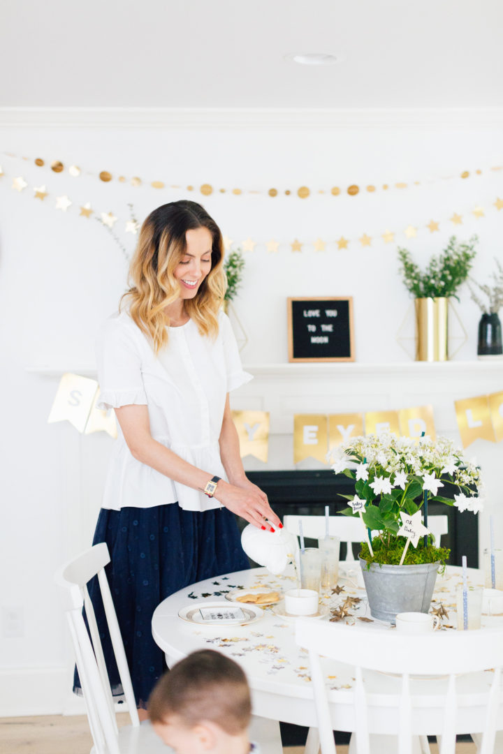 Eva Amurri Martino pours a cup of tea at her Celestial Baby Sprinkling Party
