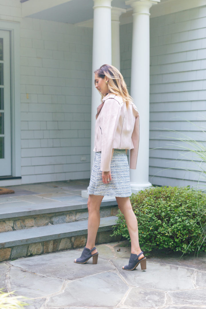 Eva Amurri Martino wears a blush pink suede motorcycle jacket and flowy tweed Loft skirt for a warm fall