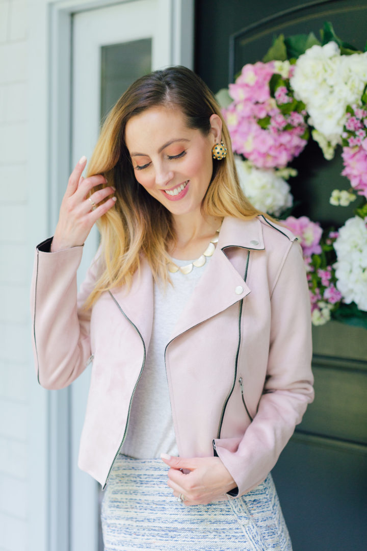 Eva Amurri Martino wears a blush pink suede motorcycle jacket for a warm fall