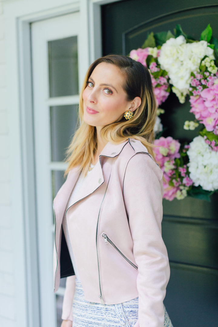 Eva Amurri Martino wears a blush pink suede motorcycle jacket for a warm fall