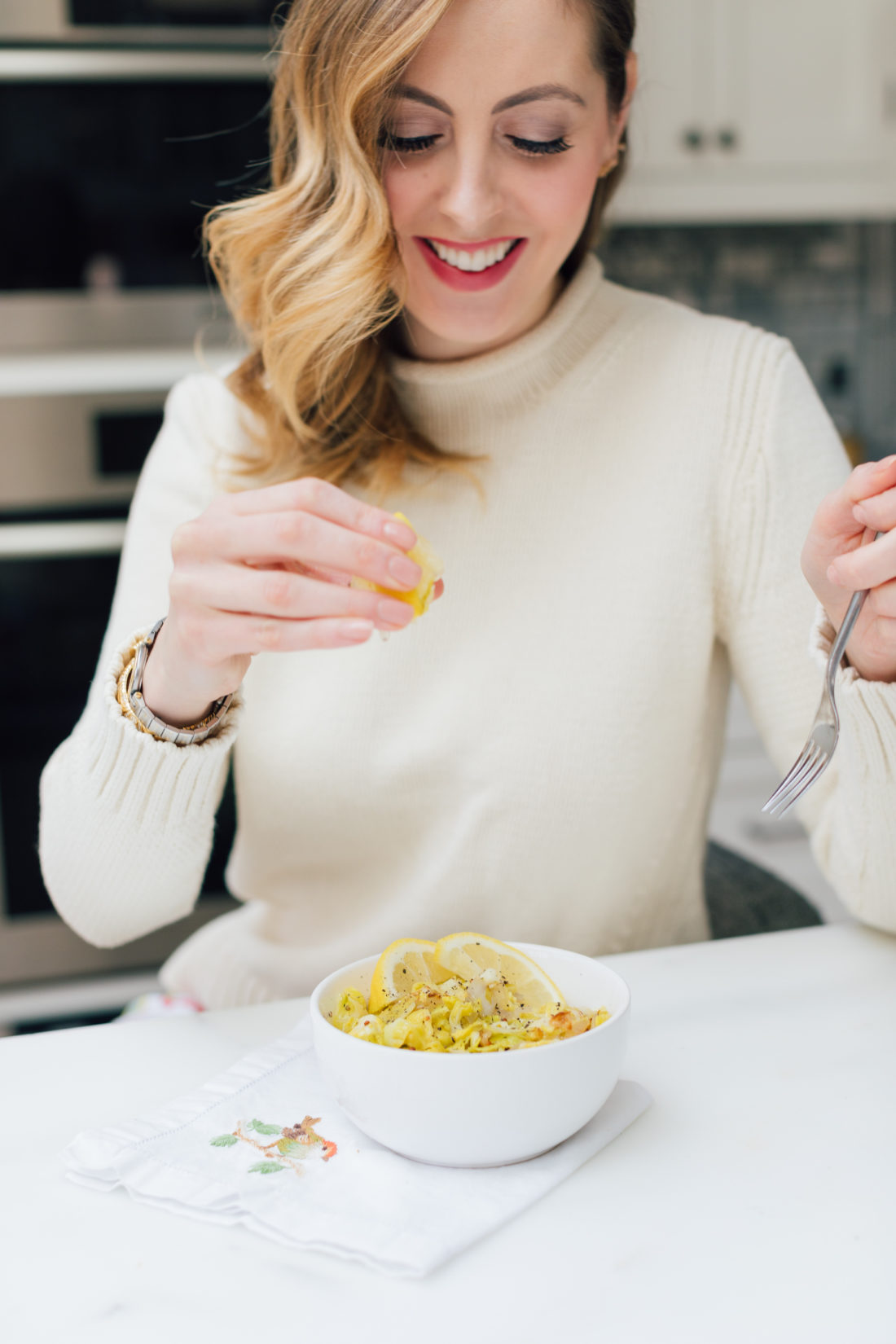 Eva Amurri Martino enjoys her Brussels Sprouts side dish with a squeeze of lemon
