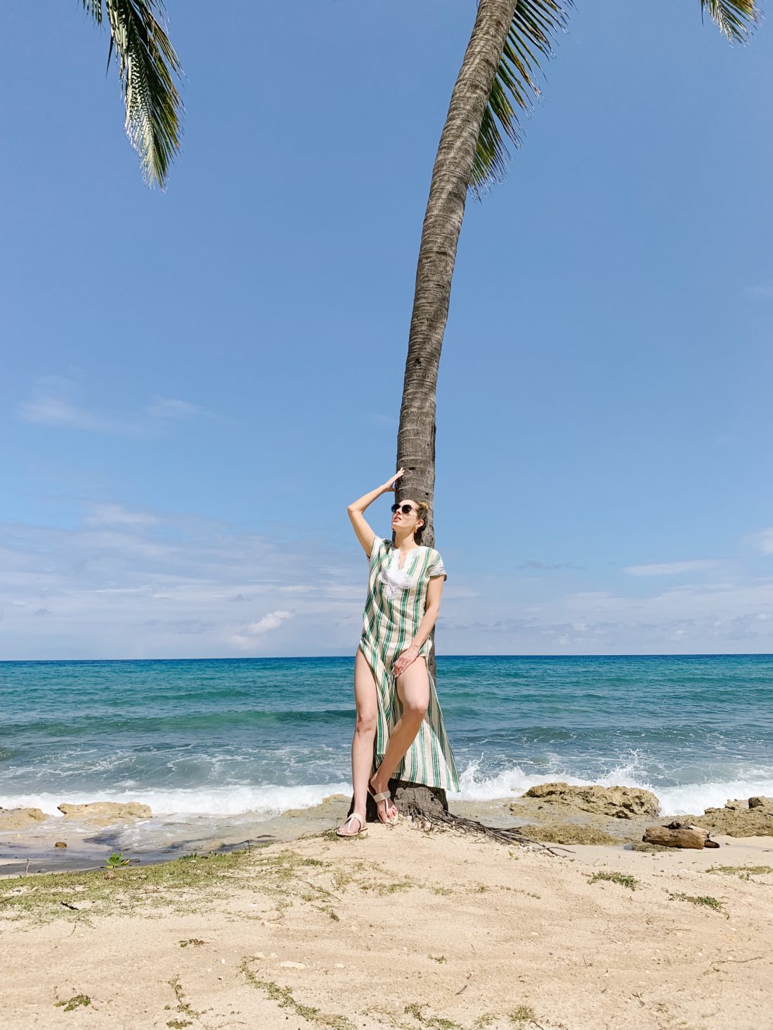Eva Amurri Martino of Happily Eva After wears a Tory Burch striped bathing suit on her family trip to Jamaica
