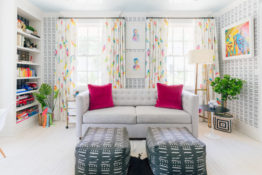 Colorful drapery from Flat Vernacular on the windows of the playroom in Eva Amurri Martino's Westport CT home