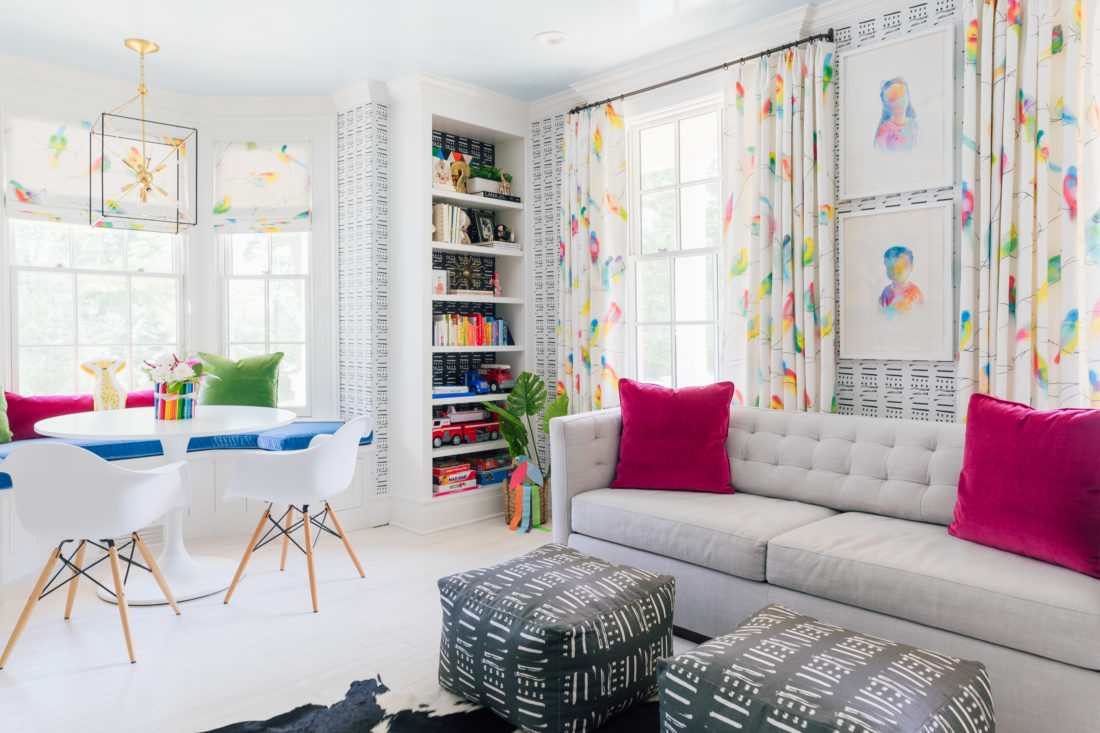 Colorful drapery from Flat Vernacular on the windows of the playroom in Eva Amurri Martino's Westport CT home