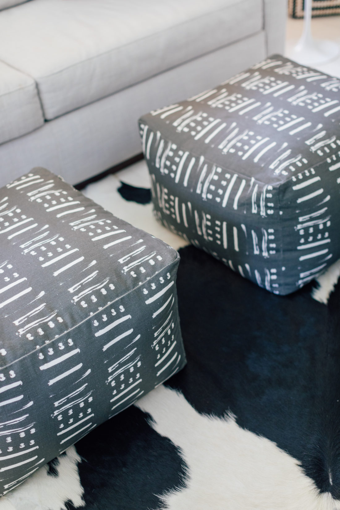 Abstract fabric from Kerri Rosenthal no poufs in the playroom of Eva Amurri Martino's Westport CT home